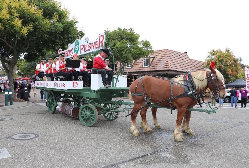 A team of horses pulling a wagon full of musicians dressed in red and white during a parade down a city street