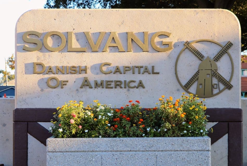 Large sign with gold lettering and windmill logo by a cement flower box filled with colorful flowers