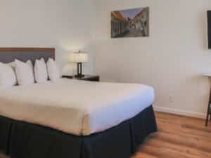 Bedroom with queen bed, side tables with lamps, hardwood floors, table with two chairs and TV over a sofa table