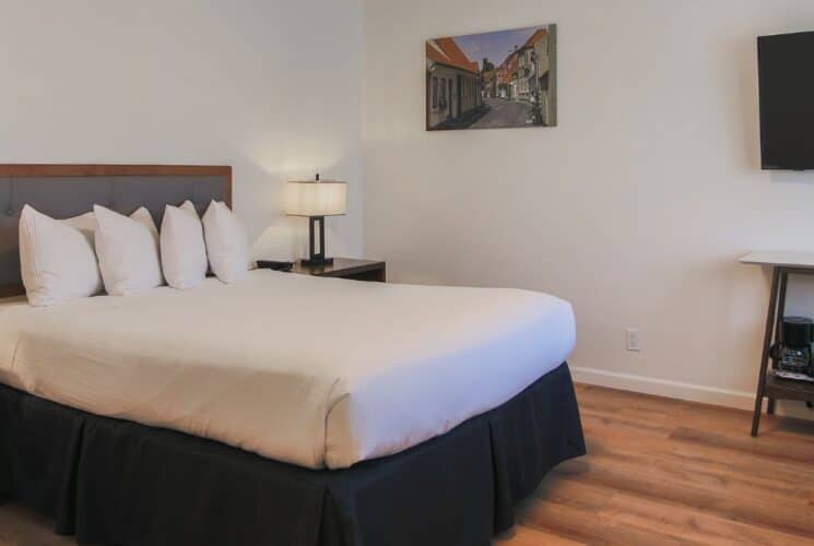 Bedroom with queen bed, side tables with lamps, hardwood floors, table with two chairs and TV over a sofa table