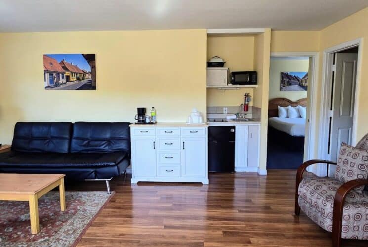 Spacious bedroom suite with living area, kitchenette and doorway into bedroom